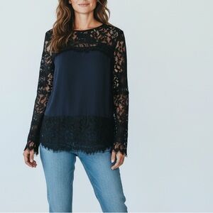 Intermix Black Lace Long Sleeve Blouse Women’s Size M Silk Navy Contrast Top